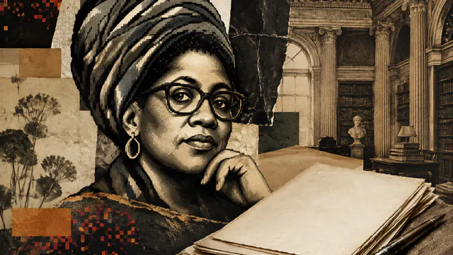 Mixed-media historical illustration of Audre Lorde, combining archival collage, neoclassical engraving, and pixel detail.