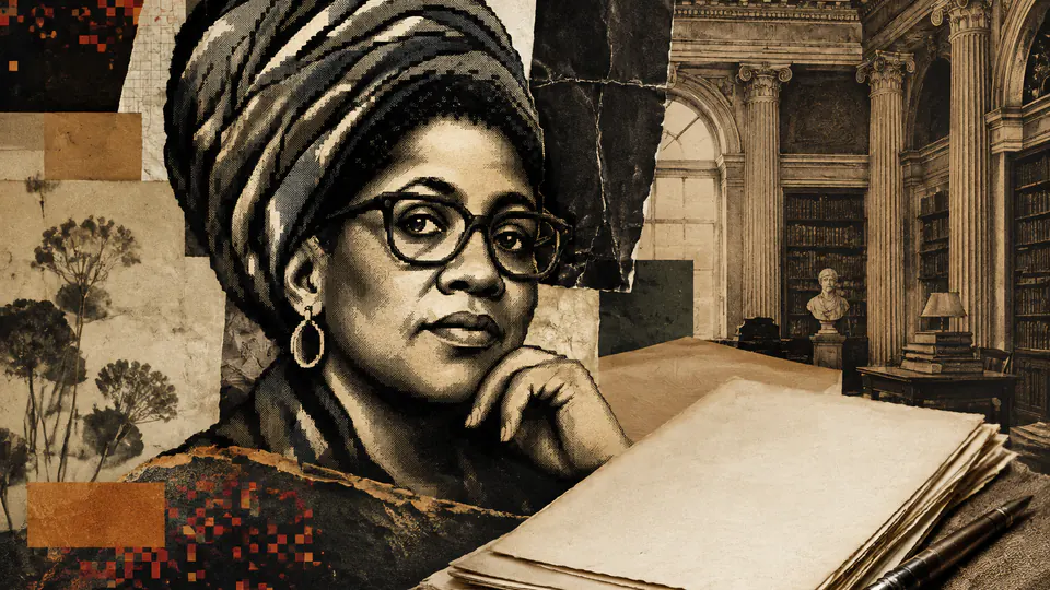 Mixed-media historical illustration of Audre Lorde, combining archival collage, neoclassical engraving, and pixel detail.