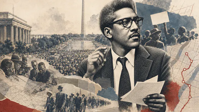 Mixed-media historical illustration of Bayard Rustin, combining archival collage, neoclassical engraving, and pixel detail.