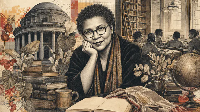 Mixed-media historical illustration of bell hooks, combining archival collage, neoclassical engraving, and pixel detail.