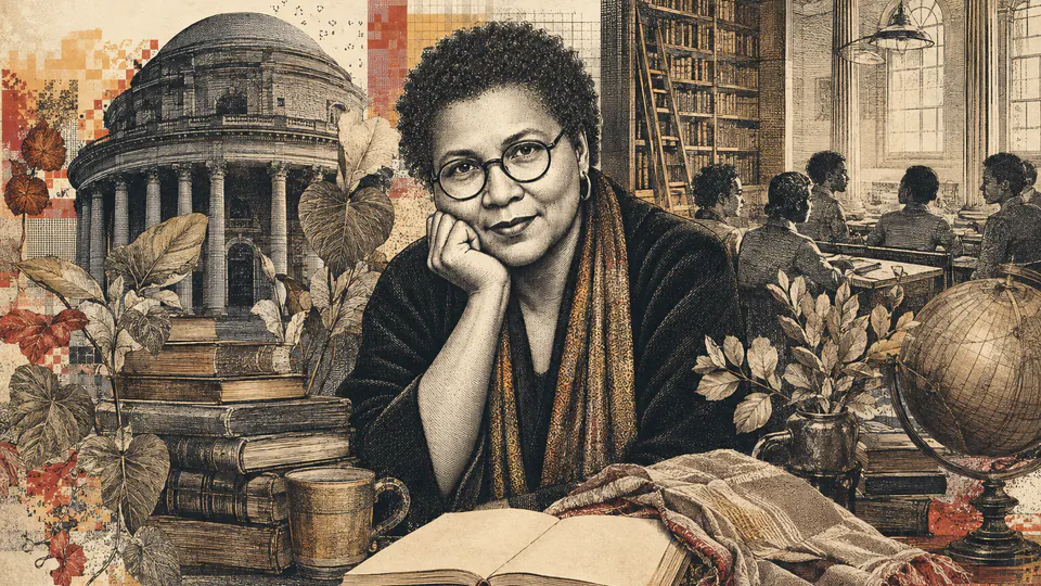 Mixed-media historical illustration of bell hooks, combining archival collage, neoclassical engraving, and pixel detail.