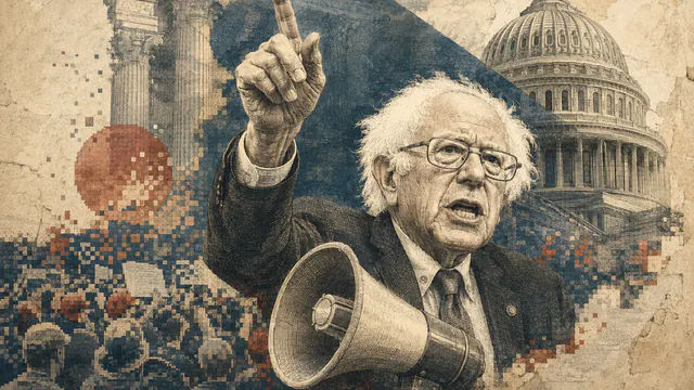 Mixed-media historical illustration of Bernie Sanders, combining archival collage, neoclassical engraving, and pixel detail.