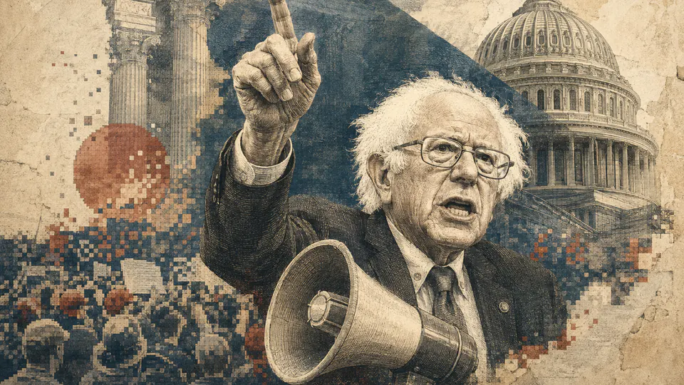 Mixed-media historical illustration of Bernie Sanders, combining archival collage, neoclassical engraving, and pixel detail.
