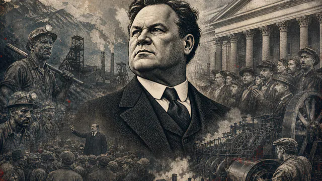 Mixed-media historical illustration of Big Bill Haywood, combining archival collage, neoclassical engraving, and pixel detail.