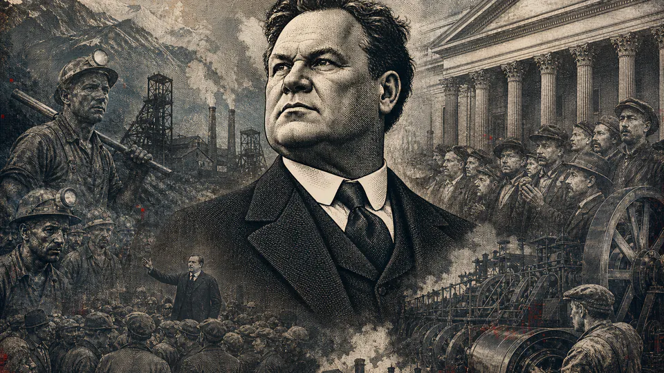 Mixed-media historical illustration of Big Bill Haywood, combining archival collage, neoclassical engraving, and pixel detail.