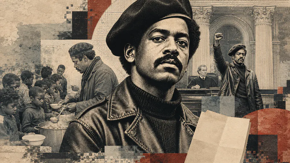 Mixed-media historical illustration of Bobby Seale, combining archival collage, neoclassical engraving, and pixel detail.