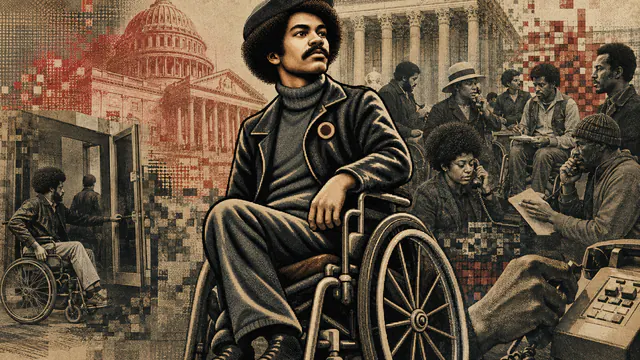 Mixed-media historical illustration of Brad Lomax, combining archival collage, neoclassical engraving, and pixel detail.