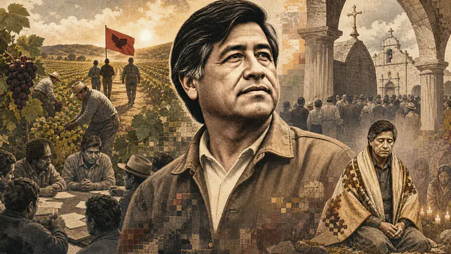 Mixed-media historical illustration of Cesar Chavez, combining archival collage, neoclassical engraving, and pixel detail.