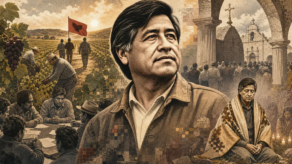 Mixed-media historical illustration of Cesar Chavez, combining archival collage, neoclassical engraving, and pixel detail.