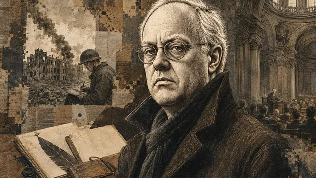Mixed-media historical illustration of Chris Hedges, combining archival collage, neoclassical engraving, and pixel detail.