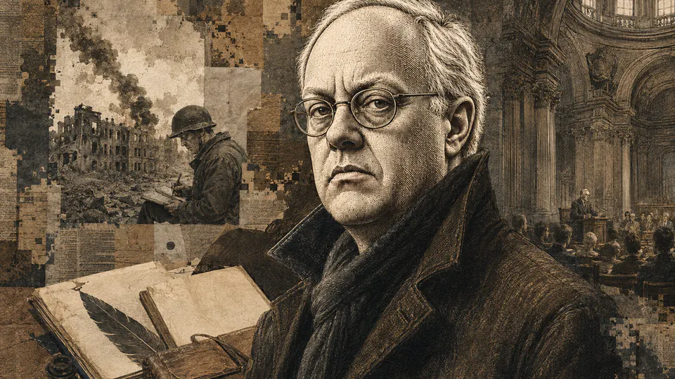 Mixed-media historical illustration of Chris Hedges, combining archival collage, neoclassical engraving, and pixel detail.
