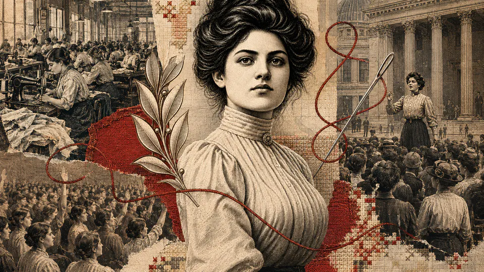 Mixed-media historical illustration of Clara Lemlich, combining archival collage, neoclassical engraving, and pixel detail.