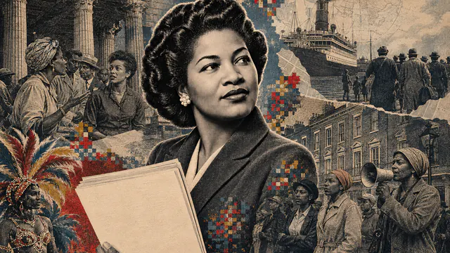 Mixed-media historical illustration of Claudia Jones, combining archival collage, neoclassical engraving, and pixel detail.
