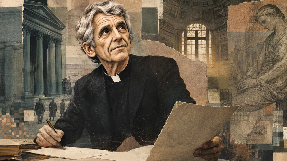 Mixed-media historical illustration of Daniel Berrigan, combining archival collage, neoclassical engraving, and pixel detail.