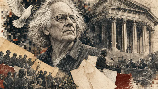 Mixed-media historical illustration of David Dellinger, combining archival collage, neoclassical engraving, and pixel detail.