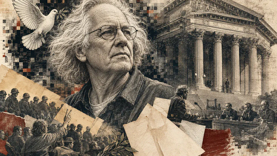 Mixed-media historical illustration of David Dellinger, combining archival collage, neoclassical engraving, and pixel detail.
