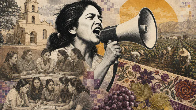 Mixed-media historical illustration of Dolores Huerta, combining archival collage, neoclassical engraving, and pixel detail.