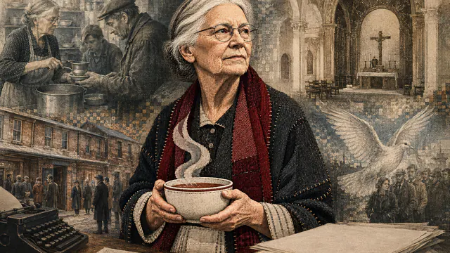 Mixed-media historical illustration of Dorothy Day, combining archival collage, neoclassical engraving, and pixel detail.