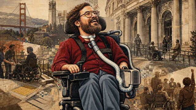Mixed-media historical illustration of Ed Roberts, combining archival collage, neoclassical engraving, and pixel detail.