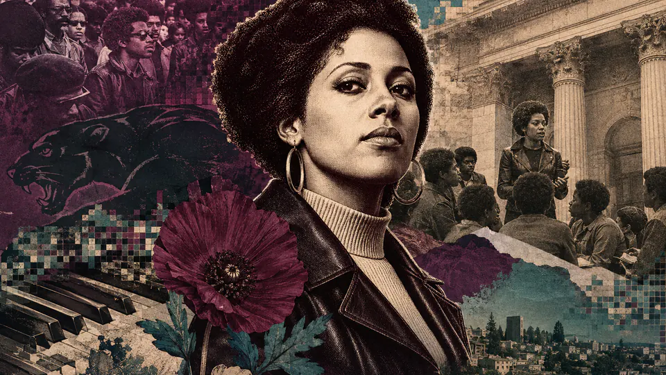 Mixed-media historical illustration of Elaine Brown, combining archival collage, neoclassical engraving, and pixel detail.