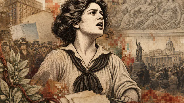 Mixed-media historical illustration of Elizabeth Gurley Flynn, combining archival collage, neoclassical engraving, and pixel detail.