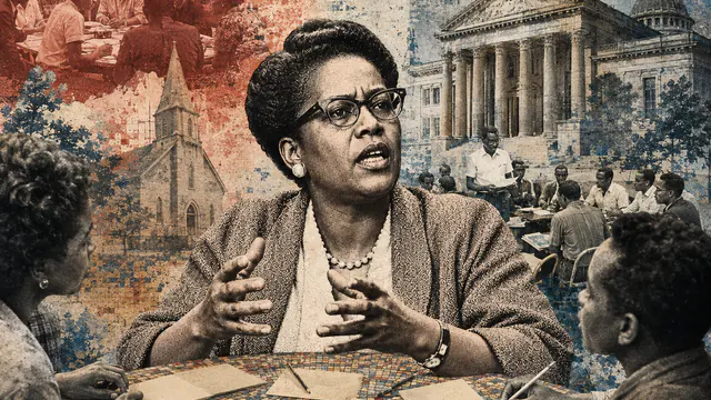 Mixed-media historical illustration of Ella Baker, combining archival collage, neoclassical engraving, and pixel detail.