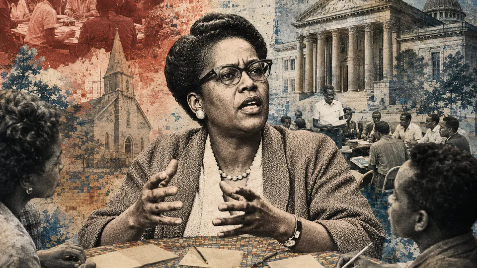 Mixed-media historical illustration of Ella Baker, combining archival collage, neoclassical engraving, and pixel detail.