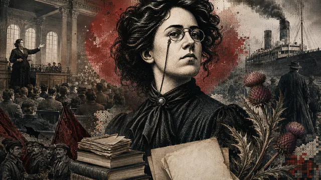Mixed-media historical illustration of Emma Goldman, combining archival collage, neoclassical engraving, and pixel detail.