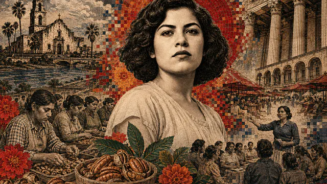Mixed-media historical illustration of Emma Tenayuca, combining archival collage, neoclassical engraving, and pixel detail.