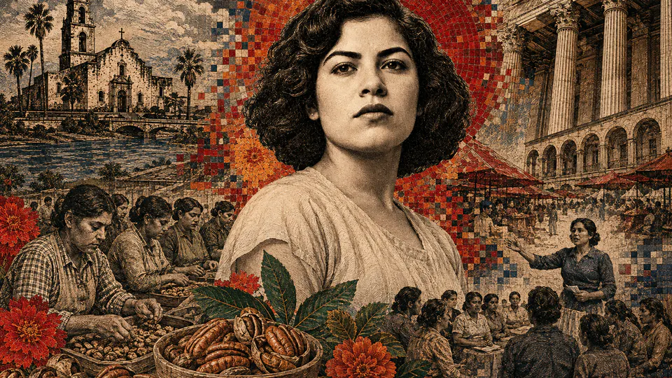 Mixed-media historical illustration of Emma Tenayuca, combining archival collage, neoclassical engraving, and pixel detail.