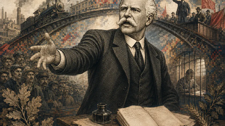 Mixed-media historical illustration of Eugene V. Debs, combining archival collage, neoclassical engraving, and pixel detail.