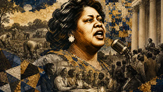 Mixed-media historical illustration of Fannie Lou Hamer, combining archival collage, neoclassical engraving, and pixel detail.