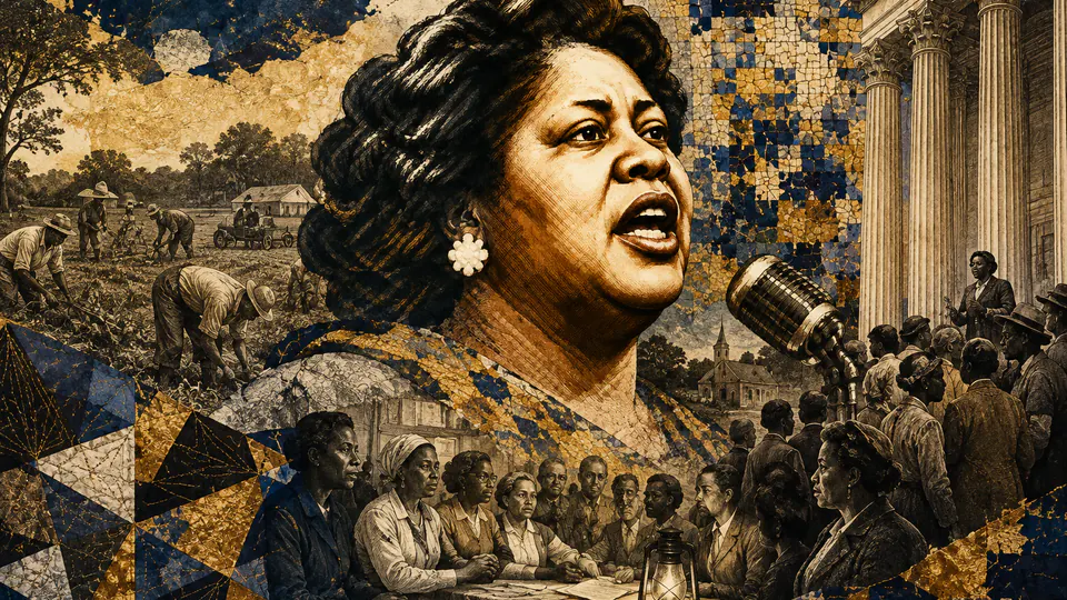 Mixed-media historical illustration of Fannie Lou Hamer, combining archival collage, neoclassical engraving, and pixel detail.
