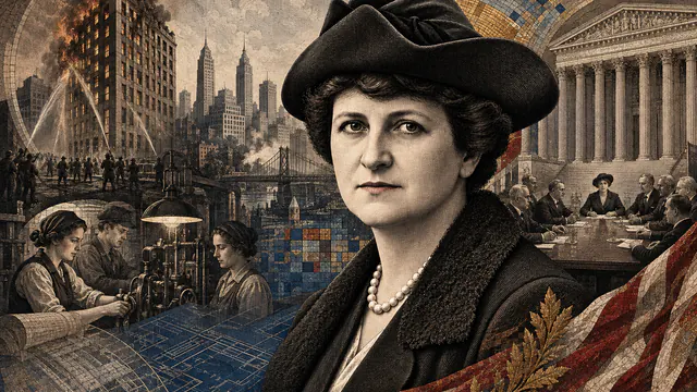 Mixed-media historical illustration of Frances Perkins, combining archival collage, neoclassical engraving, and pixel detail.