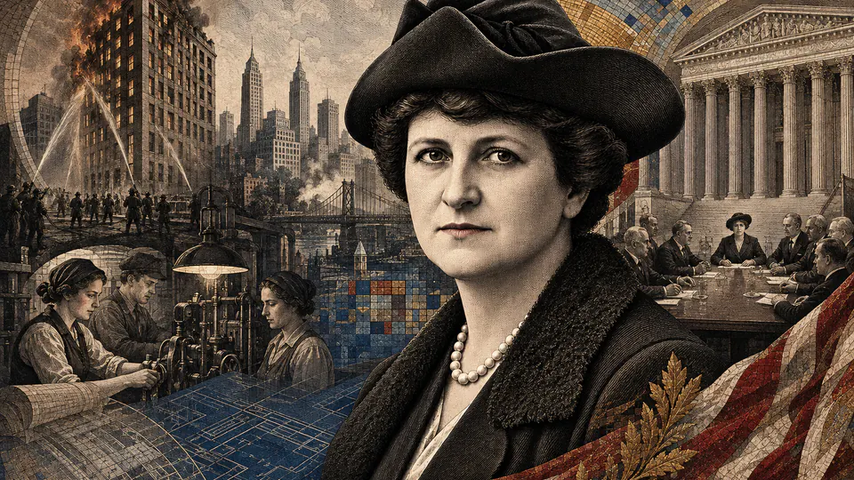 Mixed-media historical illustration of Frances Perkins, combining archival collage, neoclassical engraving, and pixel detail.