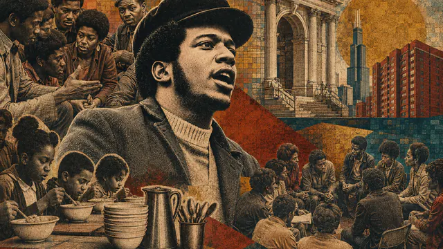 Mixed-media historical illustration of Fred Hampton, combining archival collage, neoclassical engraving, and pixel detail.