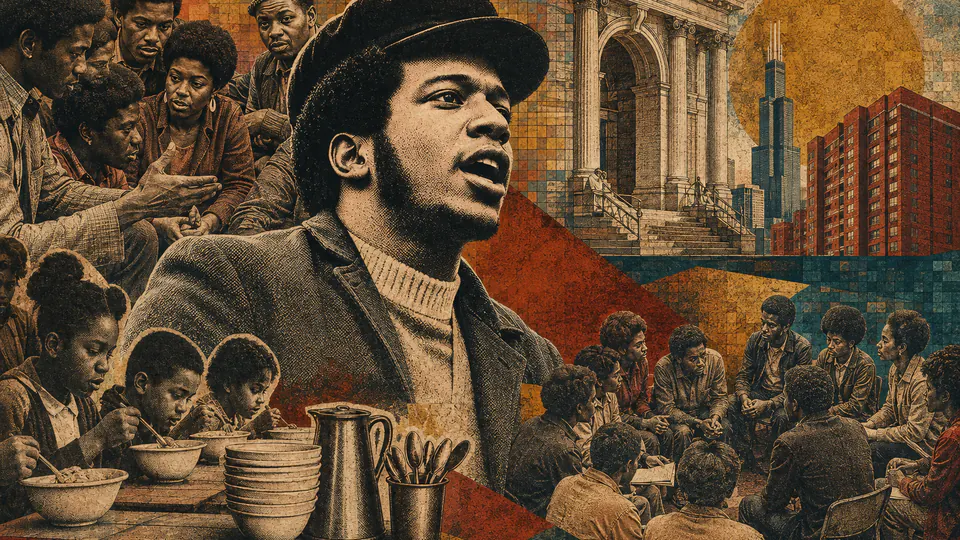 Mixed-media historical illustration of Fred Hampton, combining archival collage, neoclassical engraving, and pixel detail.