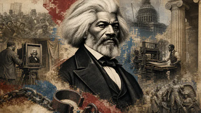 Mixed-media historical illustration of Frederick Douglass, combining archival collage, neoclassical engraving, and pixel detail.