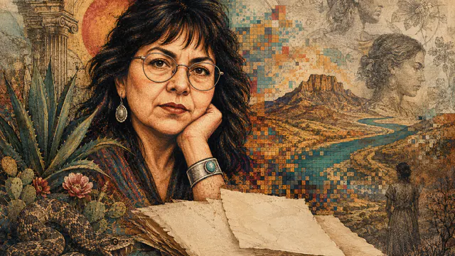 Mixed-media historical illustration of Gloria Anzaldúa, combining archival collage, neoclassical engraving, and pixel detail.