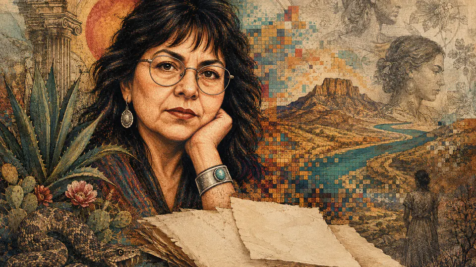 Mixed-media historical illustration of Gloria Anzaldúa, combining archival collage, neoclassical engraving, and pixel detail.
