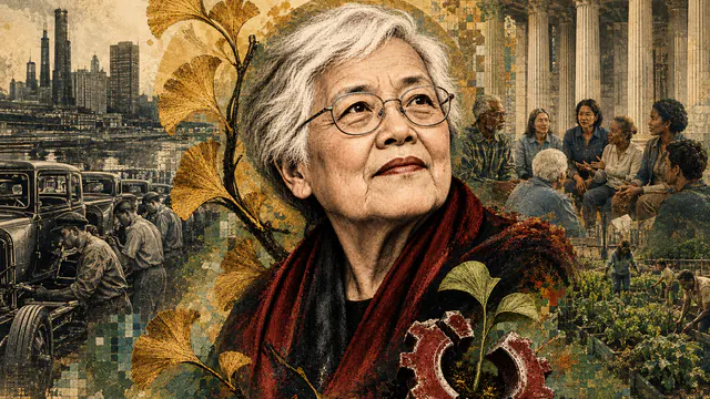 Mixed-media historical illustration of Grace Lee Boggs, combining archival collage, neoclassical engraving, and pixel detail.