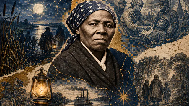 Mixed-media historical illustration of Harriet Tubman, combining archival collage, neoclassical engraving, and pixel detail.