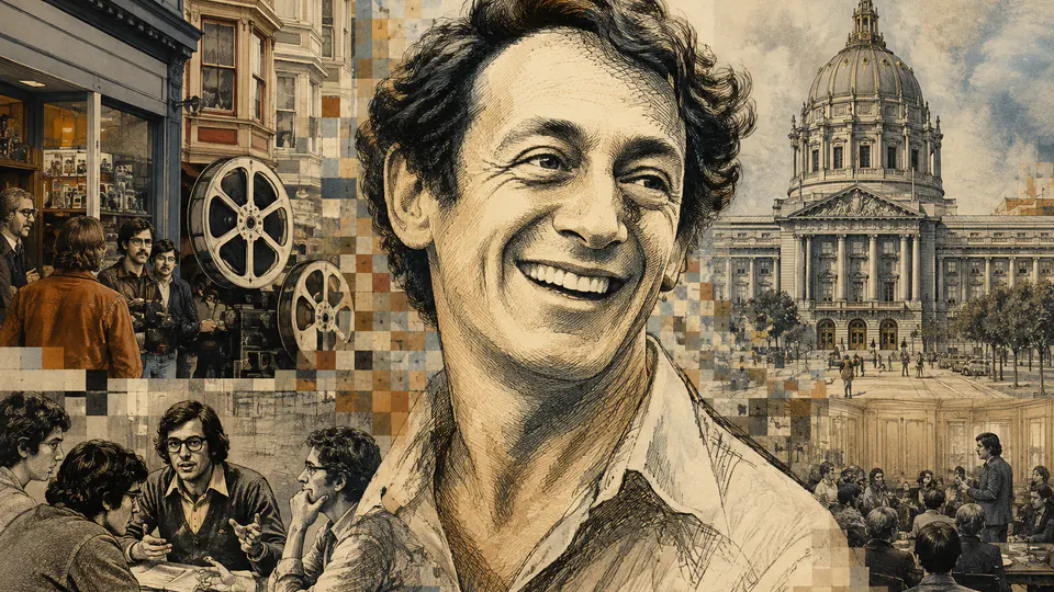 Mixed-media historical illustration of Harvey Milk, combining archival collage, neoclassical engraving, and pixel detail.