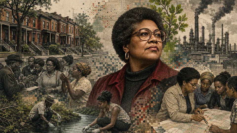 Mixed-media historical illustration of Hazel M. Johnson, combining archival collage, neoclassical engraving, and pixel detail.