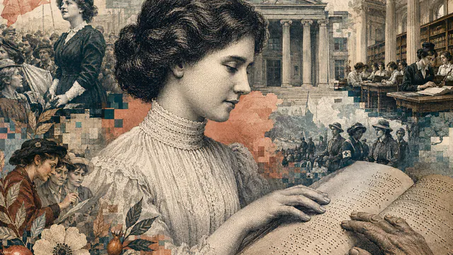 Mixed-media historical illustration of Helen Keller, combining archival collage, neoclassical engraving, and pixel detail.