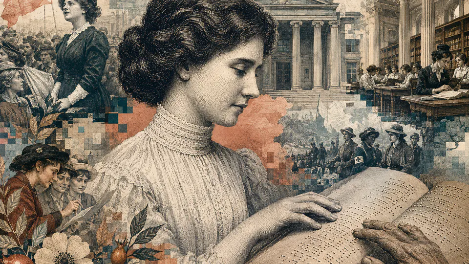 Mixed-media historical illustration of Helen Keller, combining archival collage, neoclassical engraving, and pixel detail.