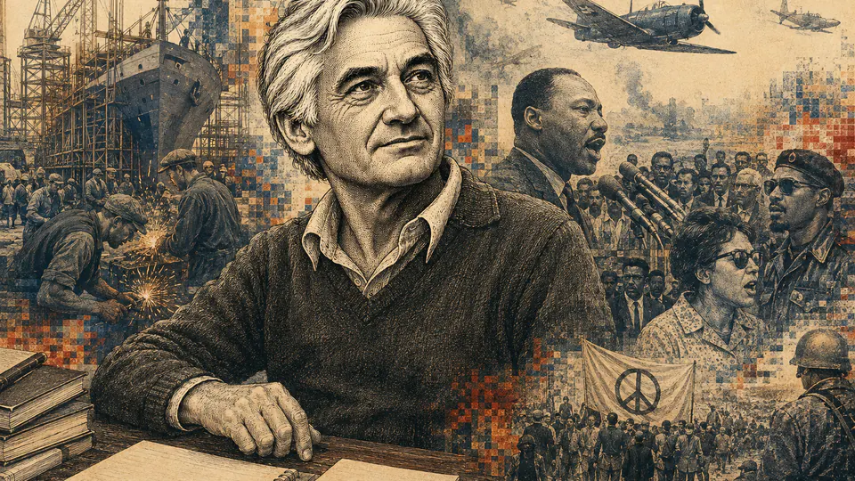 Mixed-media historical illustration of Howard Zinn, combining archival collage, neoclassical engraving, and pixel detail.