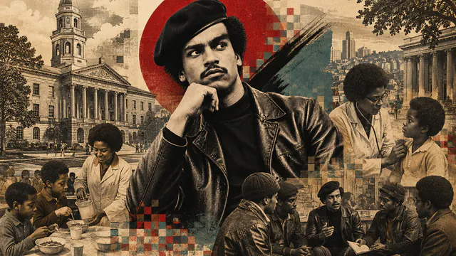 Mixed-media historical illustration of Huey P. Newton, combining archival collage, neoclassical engraving, and pixel detail.