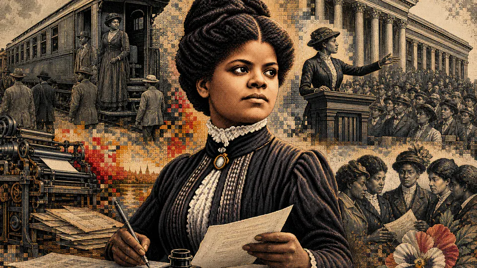 Mixed-media historical illustration of Ida B. Wells, combining archival collage, neoclassical engraving, and pixel detail.