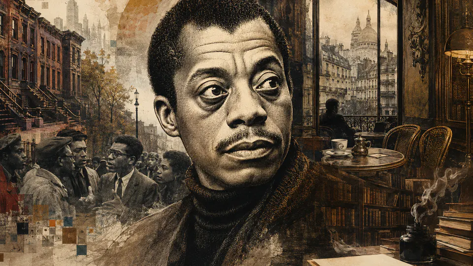 Mixed-media historical illustration of James Baldwin, combining archival collage, neoclassical engraving, and pixel detail.
